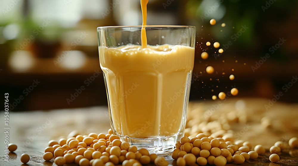 Glowing, golden soy milk being poured into a glass