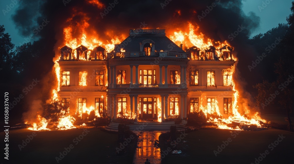 Luxury mansion engulfed in flames at night, large fire spreading across building, destruction of property, dramatic disaster scene, house on fire, blazing flames, intense heat, wealthy home Luxury mansion engulfed in flames at night, large fire spreading across building, destruction of property, dramatic disaster scene, house on fire, blazing flames, intense heat, wealthy home