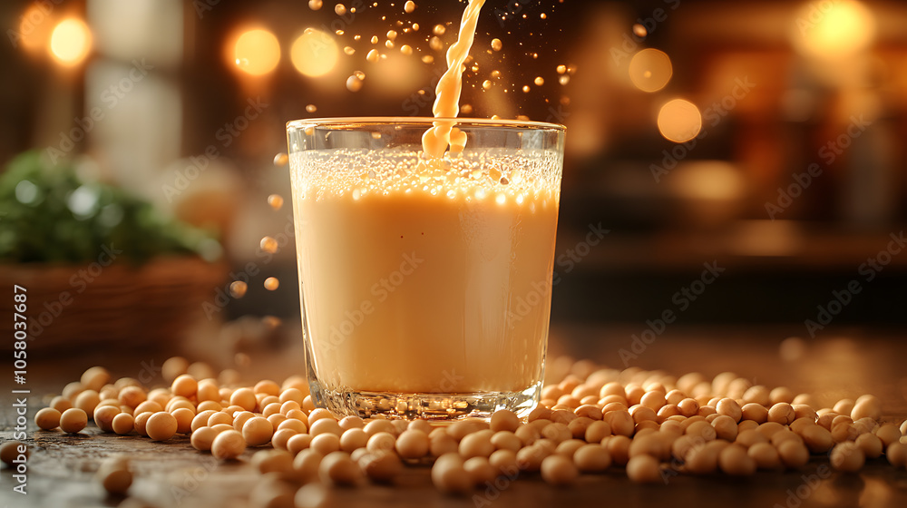 Glowing, golden soy milk being poured into a glass