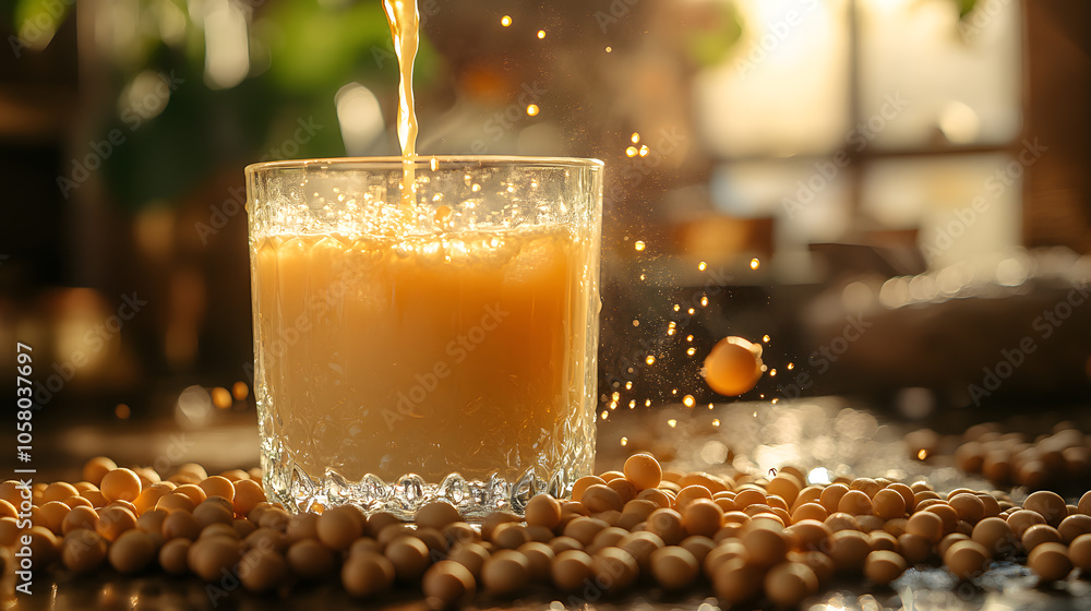 Glowing, golden soy milk being poured into a glass