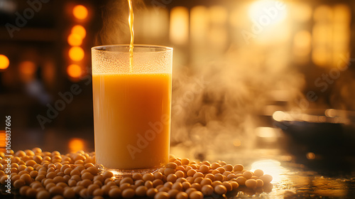 Glowing, golden soy milk being poured into a glass