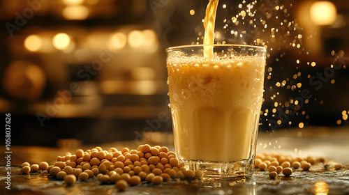 Obraz na płótnie Glowing, golden soy milk being poured into a glass w salonie