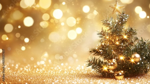 Christmas tree glows in a festive setting, surrounded by golden bokeh lights, evoking a warm holiday atmosphere.