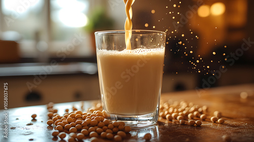 Glowing, golden soy milk being poured into a glass