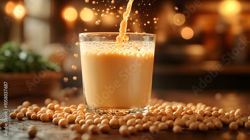 Obraz na płótnie Glowing, golden soy milk being poured into a glass w salonie