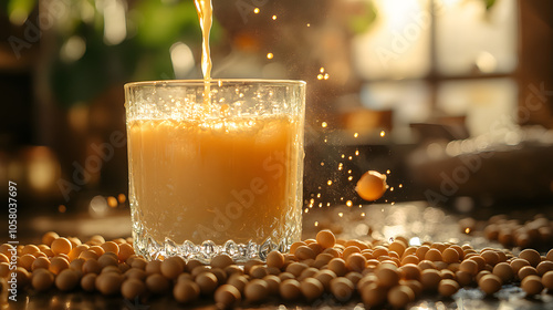Obraz na płótnie Glowing, golden soy milk being poured into a glass w salonie