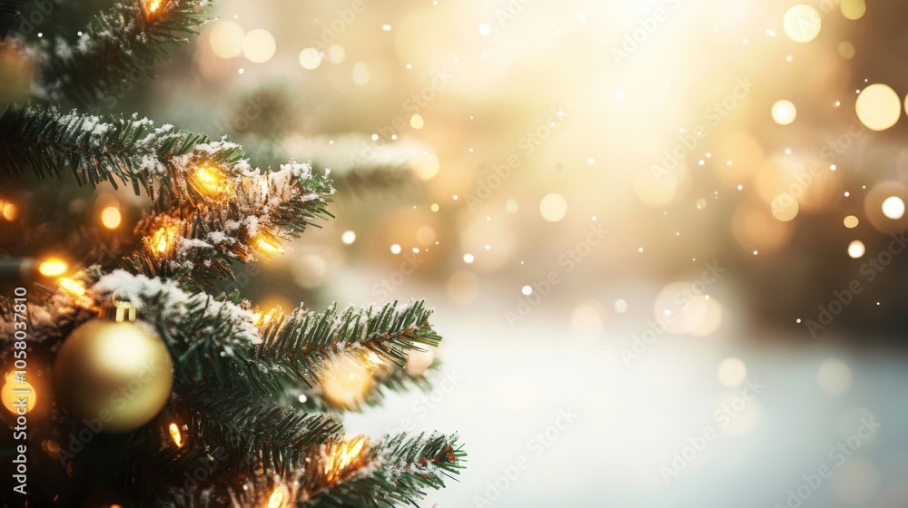 decorated Christmas tree adorned with shimmering gold ornaments and a warm, glowing background of bokeh lights. decorated Christmas tree adorned with shimmering gold ornaments and a warm, glowing background of bokeh lights.
