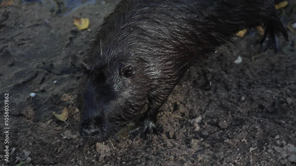 A black nutria emerges from the water onto the shore and moves close to the camera. The animal is also called coypu, water rat, semiaquatic rodent or myocastor coypus A black nutria emerges from the water onto the shore and moves close to the camera. The animal is also called coypu, water rat, semiaquatic rodent or myocastor coypus