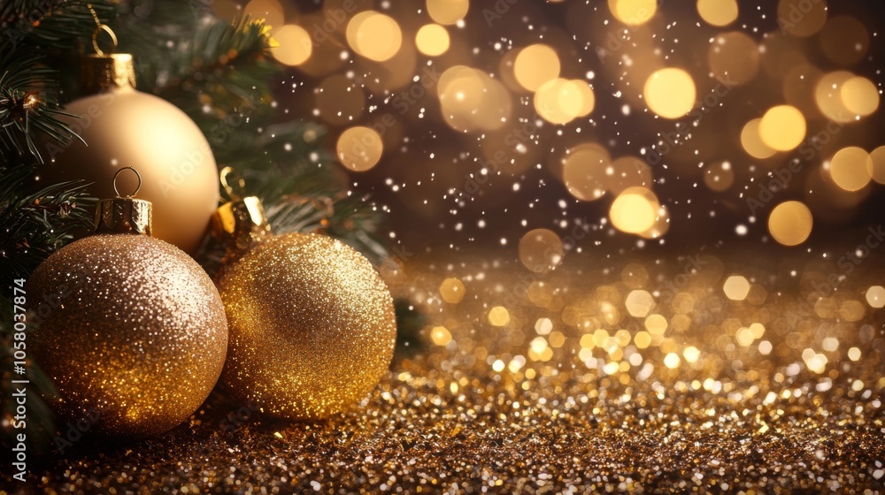 golden ball Christmas ornaments against a glowing background, evoking warmth and celebration. copy space golden ball Christmas ornaments against a glowing background, evoking warmth and celebration. copy space