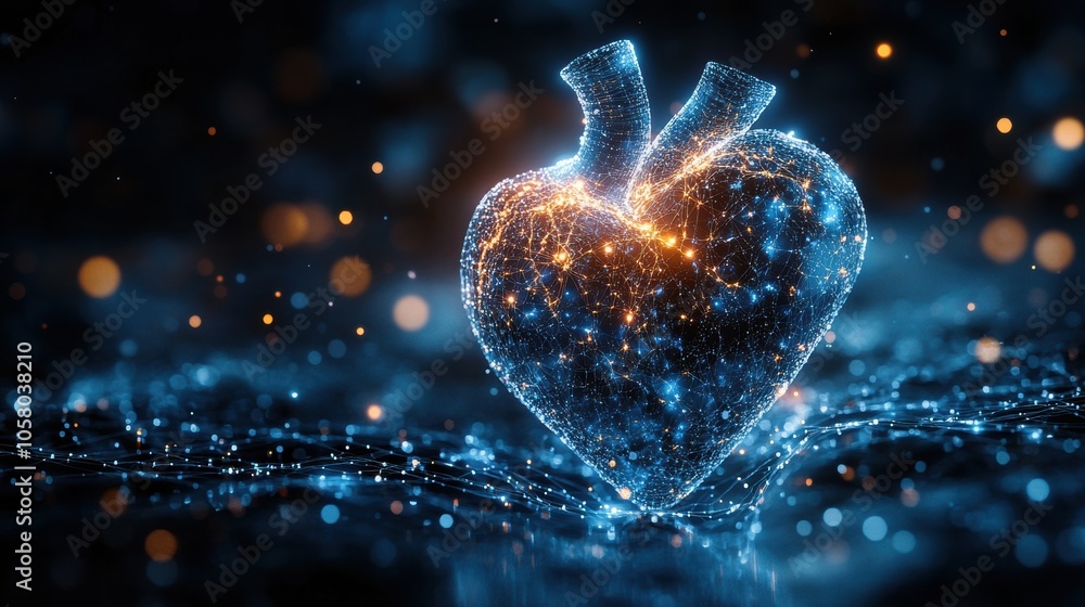 Digital glowing heart with intricate details illuminated by blue lights. Futuristic health technology concept, cyber heart illustration, medical innovation, data network, glowing digital design for AI Digital glowing heart with intricate details illuminated by blue lights. Futuristic health technology concept, cyber heart illustration, medical innovation, data network, glowing digital design for AI