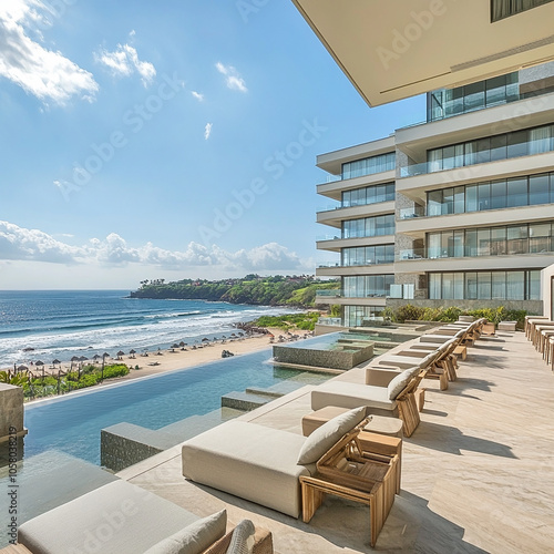 A stunning beachfront serviced apartment complex featuring a minimalist design with high ceilings that enhance the open, airy ambiance. Expansive glass windows provide breathtaking ocean views, floodi photo