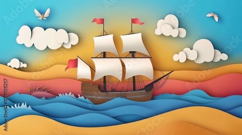 Colorful Paper Art of a Sailing Ship on Vibrant Seas