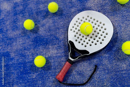 A padel racket and bright yellow or green balls on a blue court during a recreational game of paddle tennis in a sports facility