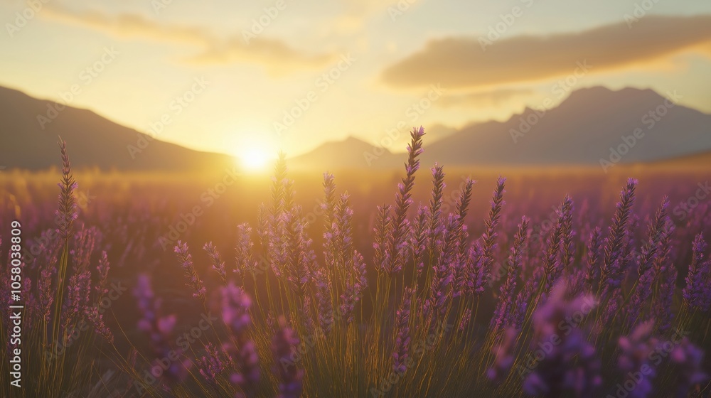 Fototapeta premium A beautiful lavender field illuminated by the warm glow of the sunset.