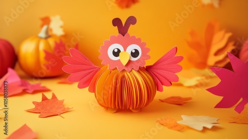 Whimsical Paper Owl with Pumpkin and Autumn Leaves