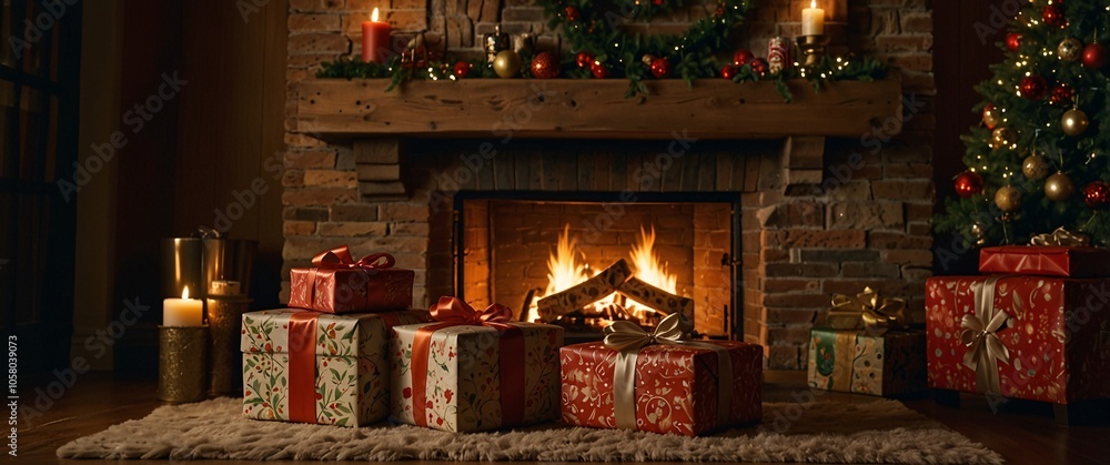 Christmas Fireplace: Warmth and cheer abound as a crackling fireplace illuminates a cozy living room, surrounded by festive decorations and presents, evoking a sense of holiday joy and togetherness. Christmas Fireplace: Warmth and cheer abound as a crackling fireplace illuminates a cozy living room, surrounded by festive decorations and presents, evoking a sense of holiday joy and togetherness.