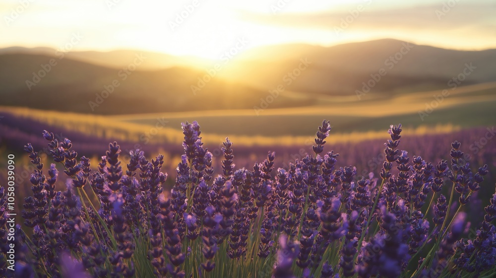 Naklejka premium A beautiful view of lavender flowers in full bloom during sunset, with rolling hills in the background.