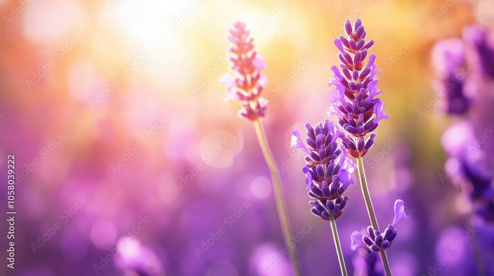Naklejka premium Beautiful lavender flowers with sunlight creating a soft glow in the background.