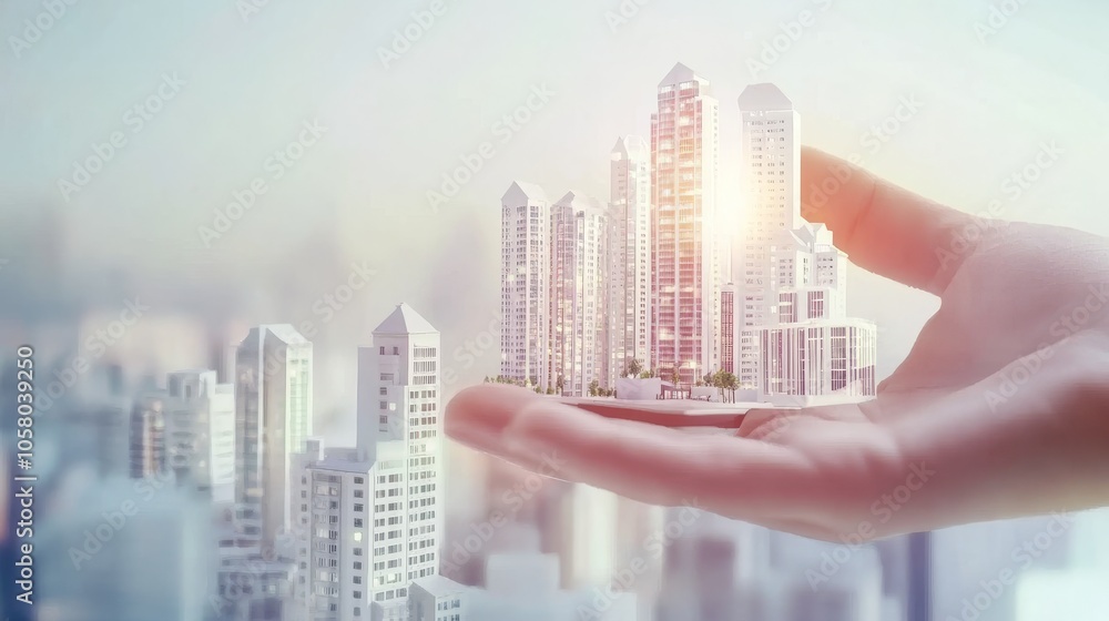 A conceptual image depicting a hand holding a miniature city, symbolizing urban development and innovation in architecture.