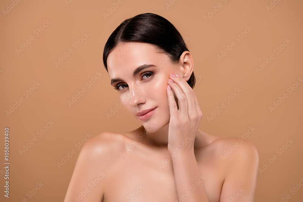 Photo of gorgeous model tender lady healthy skin after procedure isolated on pastel color background Photo of gorgeous model tender lady healthy skin after procedure isolated on pastel color background