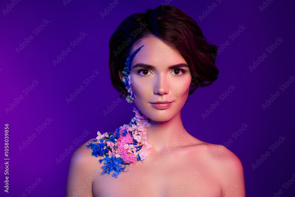 Portrait of attractive girl look have floral creative make up isolated multicolor background Portrait of attractive girl look have floral creative make up isolated multicolor background