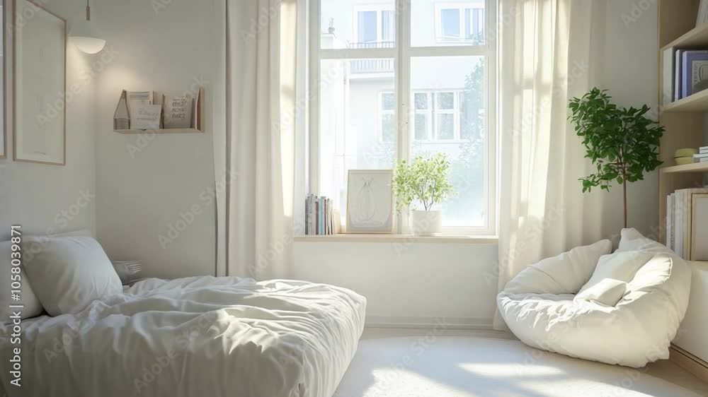 A cozy, sunlit bedroom featuring a large window, soft bedding, and a green plant for a calming ambiance A cozy, sunlit bedroom featuring a large window, soft bedding, and a green plant for a calming ambiance