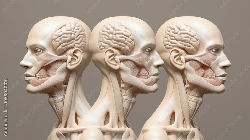 Obraz premium A detailed anatomical model showcasing the human skull and muscles from multiple angles, perfect for education and reference.