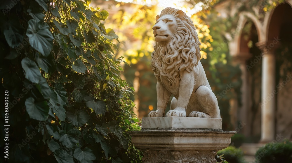 A majestic lion statue surrounded by lush greenery in a serene garden setting. A majestic lion statue surrounded by lush greenery in a serene garden setting.