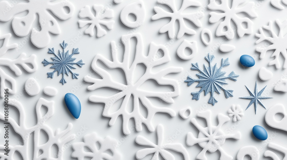 Abstract winter-themed background with various white 3D snowflake patterns and blue elements on a light gray surface. Abstract winter-themed background with various white 3D snowflake patterns and blue elements on a light gray surface.