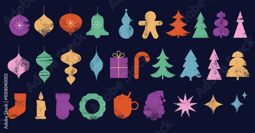 Colorful Christmas icons and abstract shapes collection. Set of geometric hand drawn elements, minimalist Christmas decorations, trees, gift boxes, Santa Claus and ornaments elements. Hand drawn