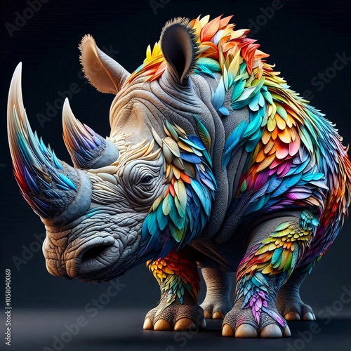 Fantasy picture rhino covered with colorful feathers photo