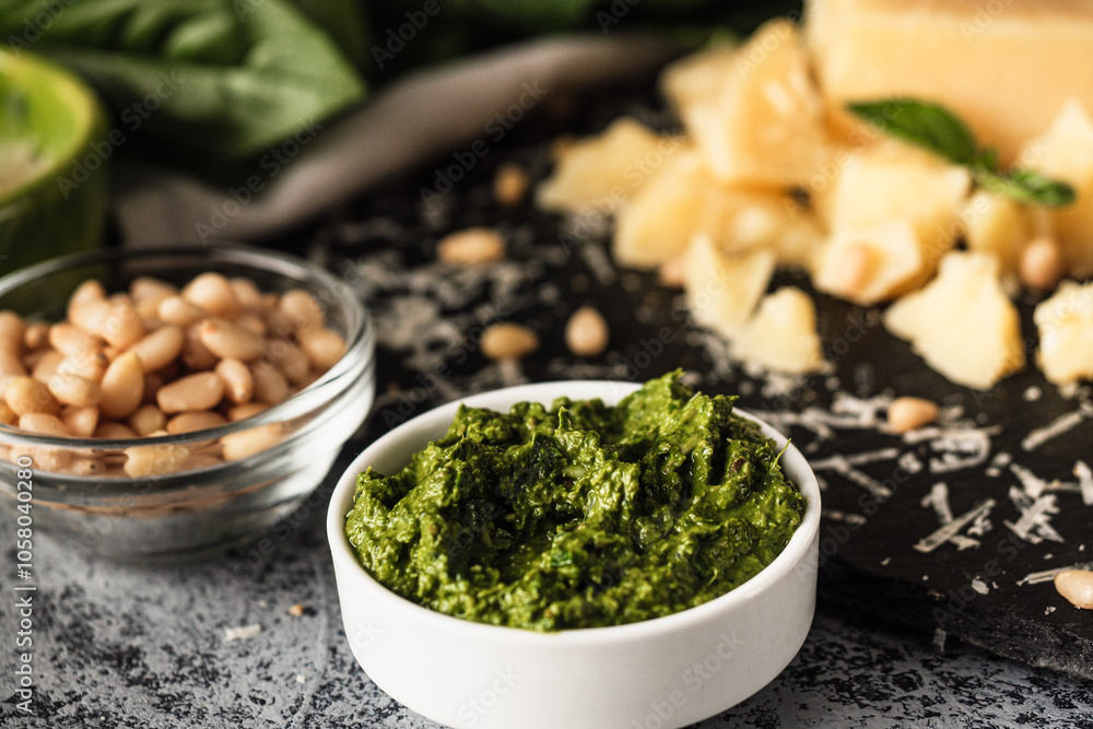 Homemade Pesto Sauce with Pine Nuts and Basil: Ingredients on Black Background Homemade Pesto Sauce with Pine Nuts and Basil: Ingredients on Black Background