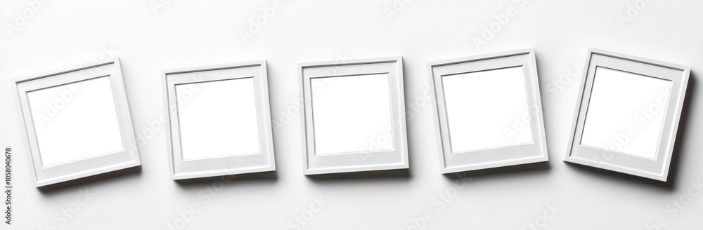 Empty photo frames arranged in row on white background, ideal for displaying memories or artwork Empty photo frames arranged in row on white background, ideal for displaying memories or artwork