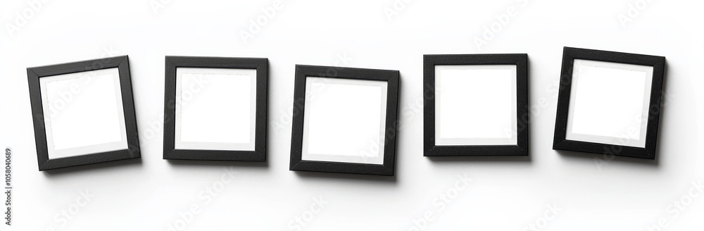 set of five empty black photo frames arranged creatively, perfect for showcasing memories or artwork. Ideal for home decor or design projects