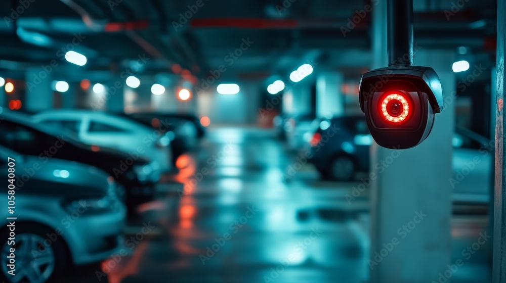 Illuminated Parking Lot Camera with Red Light Indication in Modern Garage Illuminated Parking Lot Camera with Red Light Indication in Modern Garage
