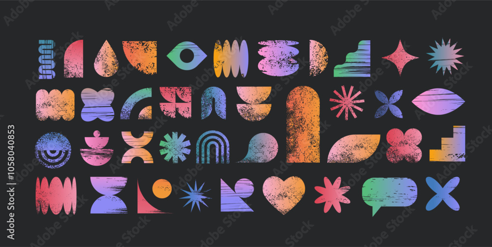 Fototapeta premium Abstract geometric graphic shapes, elements, various forms collection, Brutalist vector shapes, trendy retro design symbols