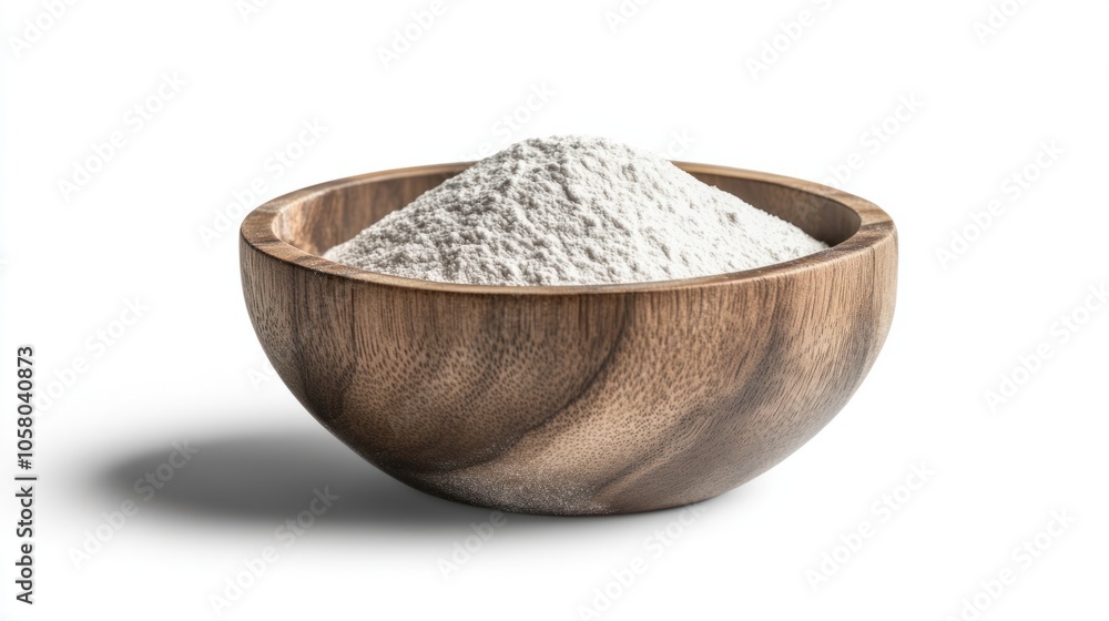 Fine flour in a round wooden bowl, perfect for rustic kitchen scenes, isolated on white background Fine flour in a round wooden bowl, perfect for rustic kitchen scenes, isolated on white background