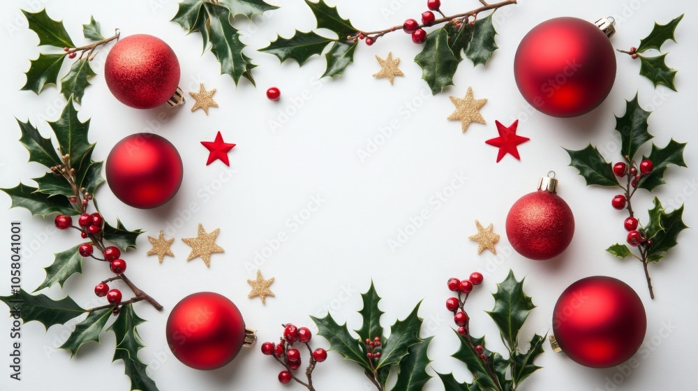 A flat lay of red Christmas ornaments and holly sprigs with red berries arranged in a frame around a white background. There are also a few small gold stars scattered among the branches. A flat lay of red Christmas ornaments and holly sprigs with red berries arranged in a frame around a white background. There are also a few small gold stars scattered among the branches.