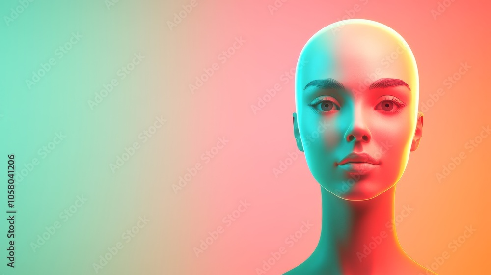 A futuristic mannequin head displayed against a vibrant, gradient background, blending soft colors and smooth features. A futuristic mannequin head displayed against a vibrant, gradient background, blending soft colors and smooth features.