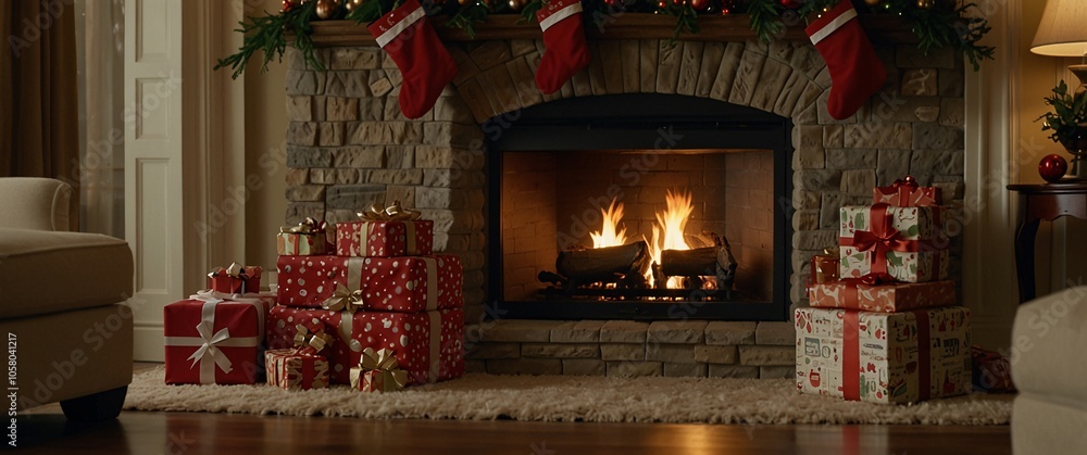 Cozy Christmas Fireplace: A warm and inviting fireplace with flickering flames creates a festive ambiance, surrounded by stacks of wrapped gifts and Christmas stockings. Cozy Christmas Fireplace: A warm and inviting fireplace with flickering flames creates a festive ambiance, surrounded by stacks of wrapped gifts and Christmas stockings.