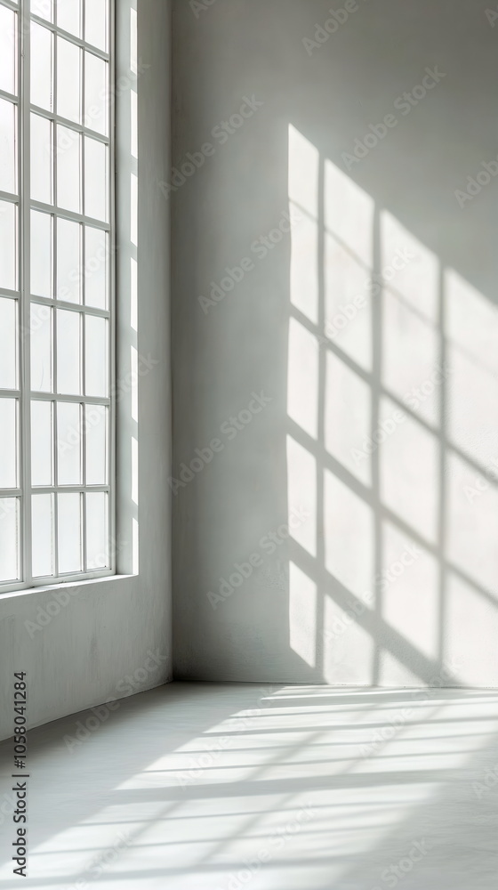 Soft shadows from a large window on a pale gray wall. Faint light illuminating an empty room with smooth walls and clean lines. Minimalistic product stand mockup for business brand ad, copy space Soft shadows from a large window on a pale gray wall. Faint light illuminating an empty room with smooth walls and clean lines. Minimalistic product stand mockup for business brand ad, copy space