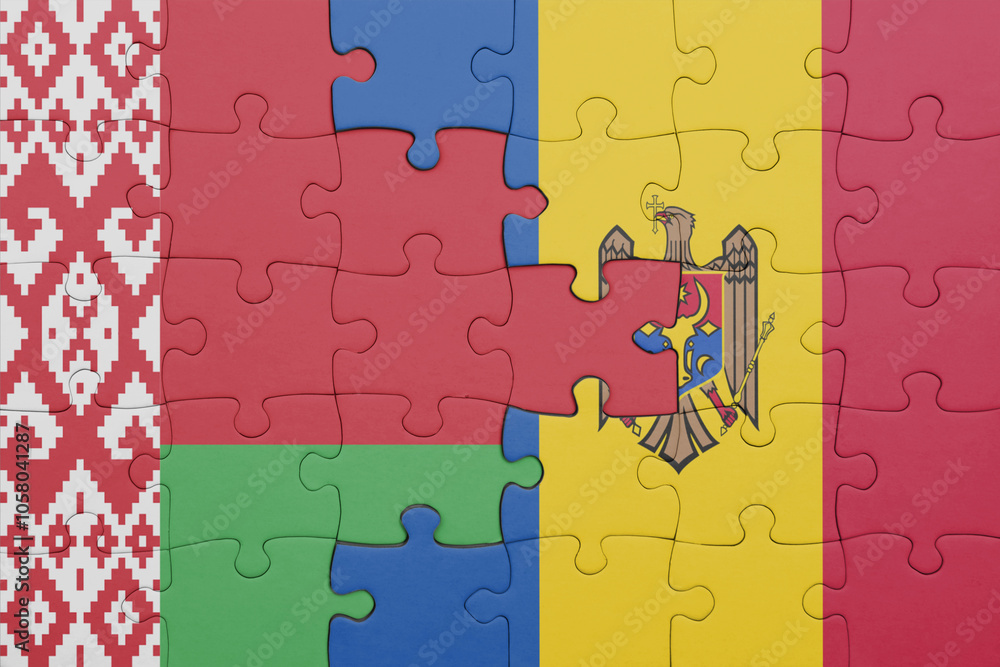 puzzle with the colourful national flag of belarus and flag of moldova . puzzle with the colourful national flag of belarus and flag of moldova .
