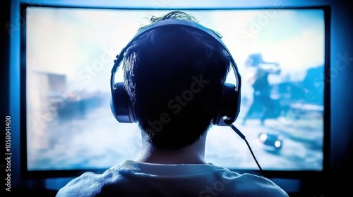 A gamer immersed in a video game, wearing headphones and focused on the screen, showcasing modern gaming culture. photo