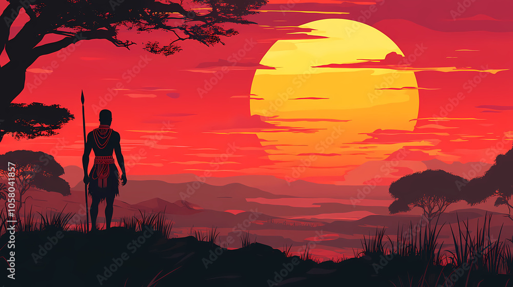 Person in the sunset african warrior design. African Savannah Warriors. Illustration Person in the sunset african warrior design. African Savannah Warriors. Illustration