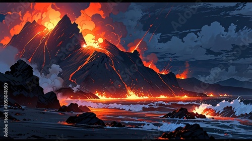 Wrath of the Volcano: Nature's Fury Unleashed anime wallpaper background, print, merch,