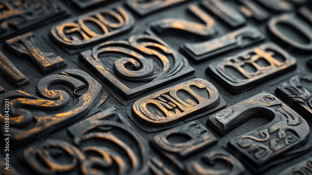 Close-up of intricately designed wooden letterpress blocks with decorative patterns and golden highlights on a dark surface. Close-up of intricately designed wooden letterpress blocks with decorative patterns and golden highlights on a dark surface.
