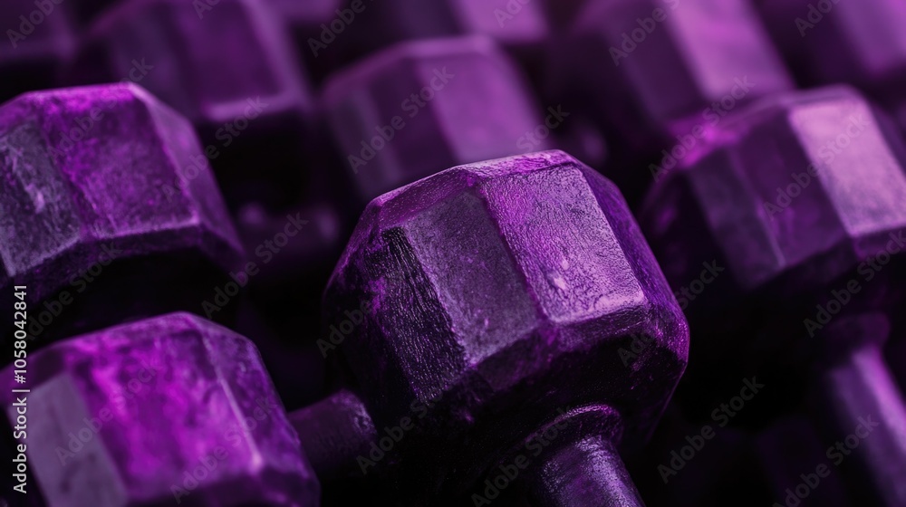 Close-up of vibrant purple dumbbells for fitness equipment mockup Close-up of vibrant purple dumbbells for fitness equipment mockup