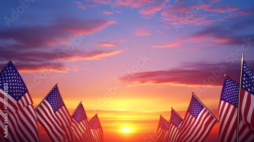 American Flags Silhouetted Against a Vibrant Sunset Sky
