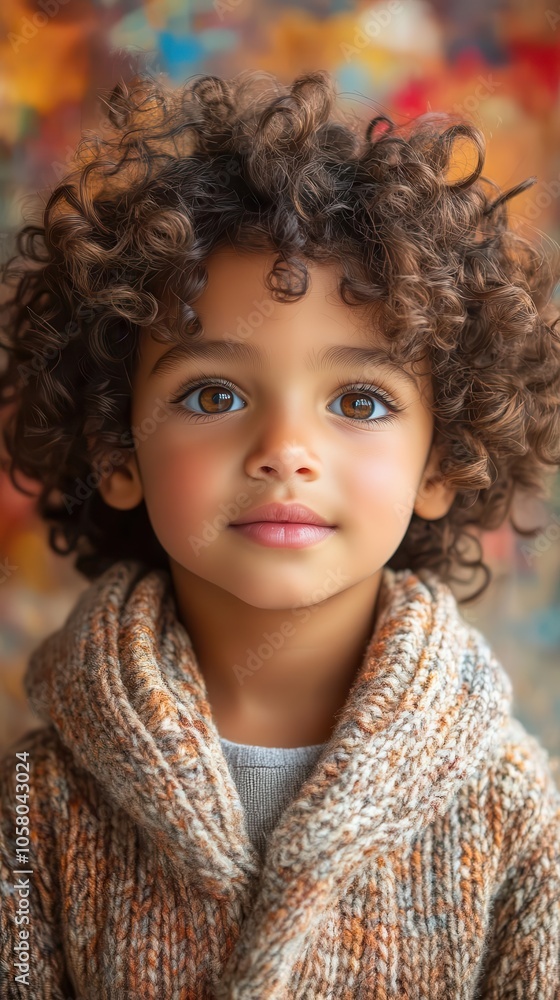 portrait of a joyful young multiracial child with curly hair wearing a cozy sweater set against a soft colorful background that radiates warmth and innocence portrait of a joyful young multiracial child with curly hair wearing a cozy sweater set against a soft colorful background that radiates warmth and innocence