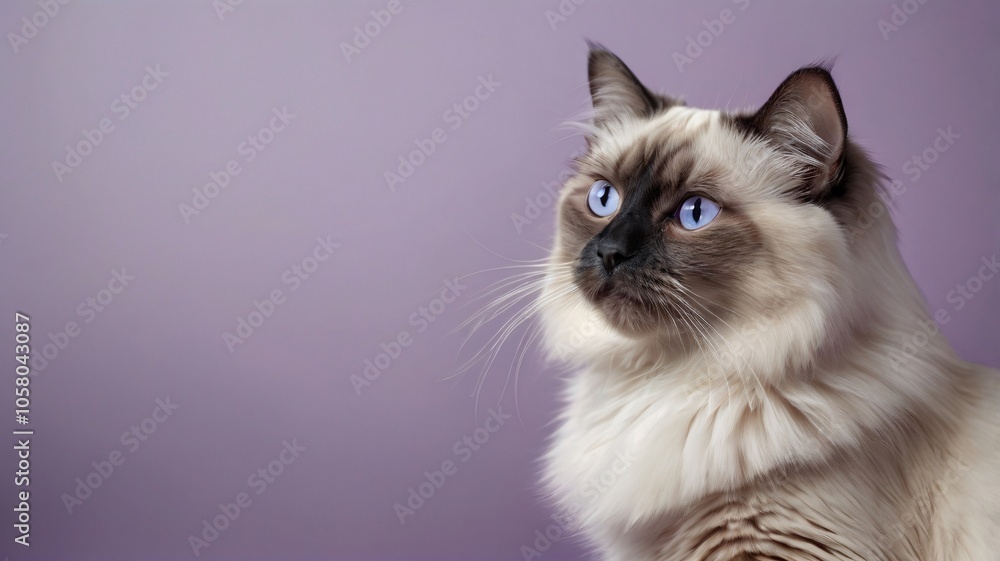 Stunning Ragdoll cat poses elegantly on a lavender backdrop. Stunning Ragdoll cat poses elegantly on a lavender backdrop.
